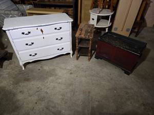 lot 99 image: White Dresser, Red Chest, and Wooden Table