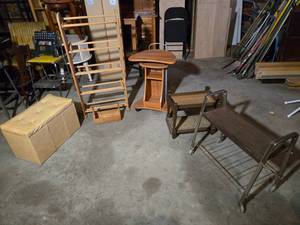 lot 108 image: Various Household Furniture Items including Storage Bench, Wooden Rack, and Side Tables