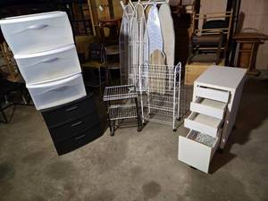 lot 110 image: Plastic and Metal Storage and Organization Items including Drawers, Shelving Units, and Ironing Boards