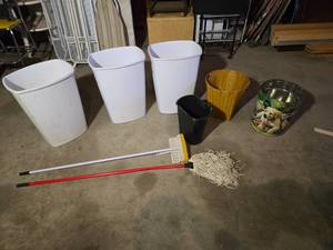 lot 111 image: rash Cans, Mop, Broom, and Waste Bins