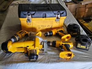 lot 142 image: DeWalt Cordless Tool Set including Circular Saw, Drills, and Chargers 14.4v