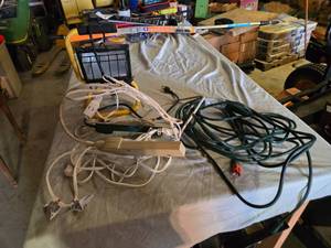 lot 154 image: Extension cords, work light, and power strips