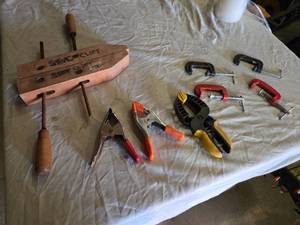 lot 156 image: Woodworking Clamps and Tools Assortment including Sjobergs Wooden Clamp, Spring Clamps, and C-Clamps