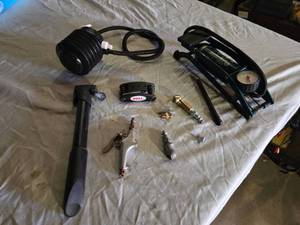 lot 166 image: Bike Pump Collection including Blackburn MTN Air Pump, Bell Multi-Tool, and Accessories
