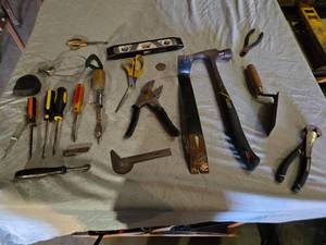 lot 174 image: Lot of Hand Tools Including Stanley Hammer, Level, Tape Measure, and Screwdrivers