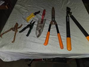 lot 184 image: Lot of Garden Tools Including Fiskars Lopper, Shears, and Trowel Set