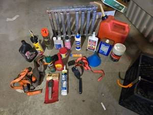 lot 204 image: Lot of Automotive and Maintenance Supplies including Gas Can, Ratchet Straps, and Filter Wrench