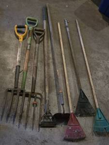 lot 216 image: Ames Digging Fork, Razor-Back Rake, and Purdy Power Lock Extension Pole