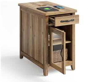 lot 311 image: LINSY HOME Farmhouse End Table with Charging Station, Narrow Side Table for Living Room, Sofa Side Table with Drawer and Storage Cabinet, Small Nightstand for Home Office