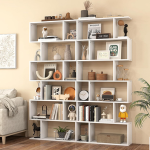 lot 318 image: SILKYDRY 6 Tier Geometric Bookcase, S Shaped Bookshelf, Book Shelf Room Divider, Wood Freestanding Display Shelves, 75 Inch Staggered Bookshelf for Bedroom