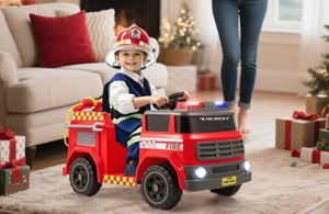 lot 325 image: Costway TQ10354US-RE 12V Ride-on Fire Truck Powered Car with Water Gun & Interphone, Red