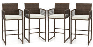 lot 16 image: Tangkula Patio Bar Stools Set of 4, PE Rattan Bar Height Chairs with Backrests, Armrests, Footrests & Soft Cushions, Outdoor High Top Barstools with Metal Frames for Backyard (4 Pack)