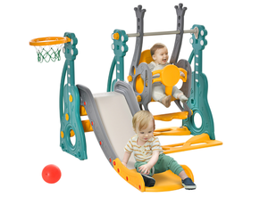 lot 78 image: Qaba 4 in 1 Toddler Swing and Slide Set, Kids Slide for Aged 1.5-3 with Climber, Ultra-Safety, Basketball Hoop, Baby Playground Set, Fun IndoorOutdoor Playset Exercise Toy