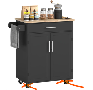 lot 52 image: HOMCOM Kitchen Island Cart, Rolling Island Table with Solid Wood Top, Trolley Cart with Drawer, Storage Cabinet & Towel Rack, Black