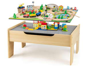lot 64 image: KOTEK Train Table, 78-Piece Wooden Toy Activity Playset wReversible Top, Tracks, Vehicles, Bridge, Fishpond, City Themed Train Set Table for Toddlers, Gift for Boys Girls