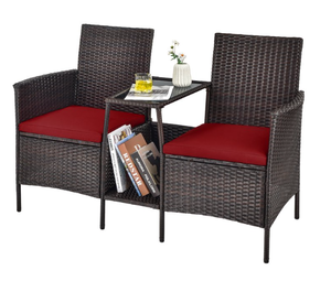 lot 92 image: Costway Patio Rattan Wicker Conversation Set Sofa Cushioned Loveseat Glass Table Red