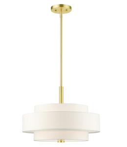 lot 151 image: Livex Lighting 50874-12 Meridian Collection 4-Light Chandelier with Off-White Hardback Fabric Shade, Satin Brass,18 L x 18 W x 52 H