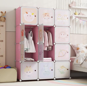 lot 160 image: Costway JZ10319PI 12 Cube Kids Wardrobe Closet with Hanging Section & Doors - White & Pink