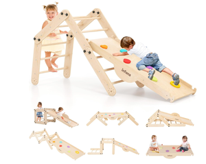 lot 283 image: INFANS 12 in 1 Climbing Toys for Toddlers, Upgrade Wooden Montessori Foldable Triangle Climber Set with Reversible Ramp Slide Ladder Seesaw, Indoor Pikler Climb Activity Jungle for Kids Age 3