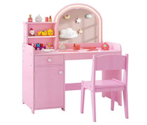 lot 344 image: Costzon Kids Vanity, Girls Vanity Set with Mirror and Stool and Lights, Makeup Vanity Desk with Lights, Drawer & Storage Cabinet, Wooden Dressing Table, Vanity Table and Chair Set (Pink)