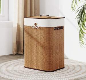 lot 346 image: Costway JZ10137YW 19 gal Rectangle Bamboo Clothes Hamper Laundry Basket with Handles & Lid - Yellow