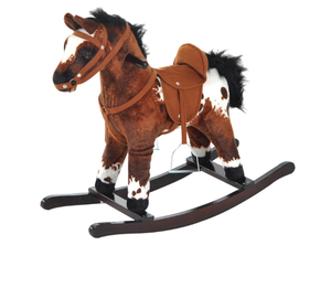 lot 410 image: Qaba Kids Metal Plush Ride-On Rocking Horse Chair Toy, Dark BrownWhite