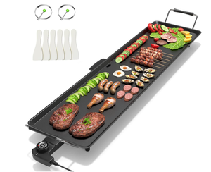lot 412 image: COSTWAY 35 Electric Griddle Teppanyaki Grill, Nonstick Extra Large Cooking Plate for Pancake Barbecue, Indoor Outdoor Table Top Grill with Adjustable Temperature & Drip Tray, 2000W