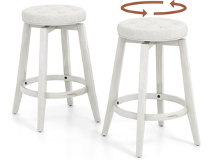 lot 127 image: COSTWAY 360° Swivel Bar Stools Set of 2, 26-inch Height Vintage Upholstered Rubberwood Backless Bar Chairs with Footrest, Retro Kitchen Counter Stools for Kitchen Island Dining Room Home Bar, White