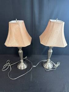 lot 5 image: Pair of Brushed Nickel Table Lamps with Fabric Shades, 24 Inch