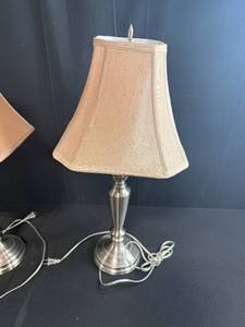 Pair of Brushed Nickel Table Lamps with Fabric Shades, 24 Inch