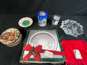 lot 9 image: Holiday Decor and Serveware Collection with Glass Platters, Holiday Tin, Plates and Drinkware