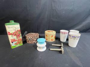 lot 11 image: Vintage Vanity and Bath Collection with Talc, Body Powder, Razors, and Porcelain Cups
