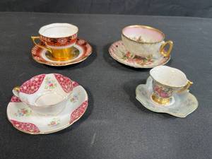 lot 15 image: Collection of 4 Vintage Porcelain Teacup and Saucer Sets Rosina & Japanese Makers