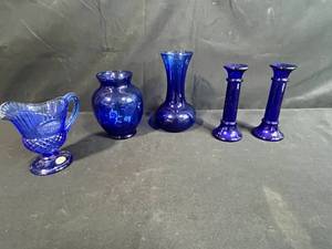 lot 21 image: Collection of Cobalt Blue Glass Items - Vases, Candlesticks, Creamer