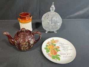 lot 22 image: Vintage Collection Porcelain 50th Anniversary Plate, Decorative Teapot, Milk Can Crock, Crystal Lidded Dish