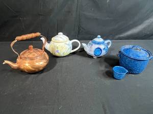 lot 28 image: Assorted Teapot and Enamelware Lot - Copper Kettle, Ceramic Teapots, Blue Enamel Pot and Cup