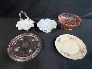 lot 31 image: Vintage Glassware and Porcelain Dish Set Mixed Patterns and Styles