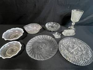 lot 33 image: Vintage Glassware Collection with Pressed and Opalescent Bowls, Plates, and Covered Dish