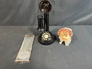 lot 34 image: Vintage Canby Rendering Service Sign, Enesco Japan Girl Head Vase, Novelty Phone Bottle