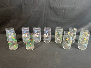 lot 36 image: Set of Vintage Decorative Drinking Glasses with Floral, Goose, and Cottage Designs