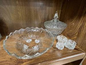 lot 41 image: Vintage Pressed Glass Serving Set with Lidded Candy Dish, Bowl, and Small Vases
