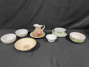 lot 43 image: Assorted Vintage and Decorative Bowls, Creamer, and Porcelain Pitcher Set