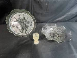 lot 46 image: Iridescent Iris Vintage Depression Glass Bowl, Platter, and Goblet Set with Floral Design