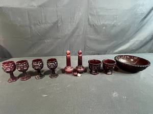 lot 48 image: Collection of Vintage Ruby Red Glassware Including Goblets, Bowls, and Decanters