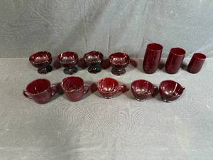 lot 50 image: Assorted Ruby Red Vintage Glassware Set Cups Goblets Tumblers