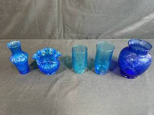 lot 52 image: Set of Vintage Blue Glass Vases Assorted Styles