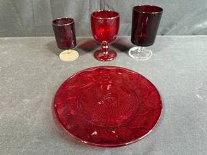 lot 54 image: Ruby Red Glassware Set 3 Goblets and Plate