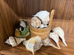 lot 74 image: Collection of Decorative Sea Shells and Ceramic Fish Figurine