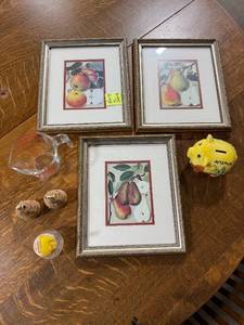 lot 80 image: Kitchen Decor and Collectibles Lot with Framed Fruit Prints, Pyrex Measuring Cup, and Accessories