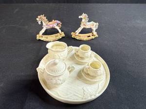 lot 85 image: Porcelain Miniature Tea Set with Decorative Rocking Horse Figurines